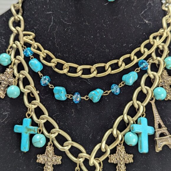 Southwestern Aqua Turquoise Goldtone Cross Pendants Statement Necklace - Picture 6 of 7